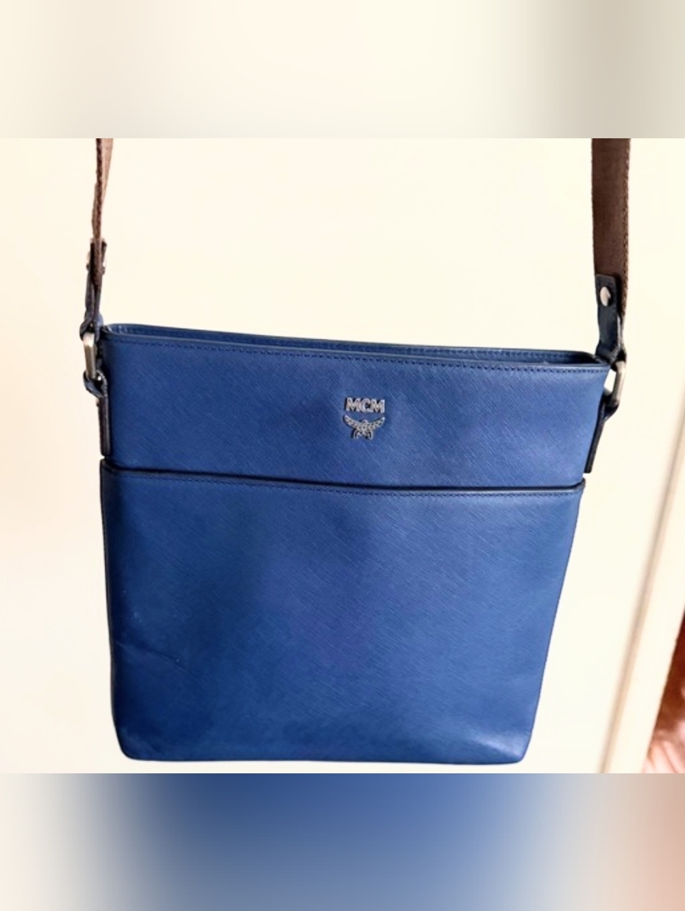 MCM Crossbody Messenger Bag - Blue Leather & Brown Strap